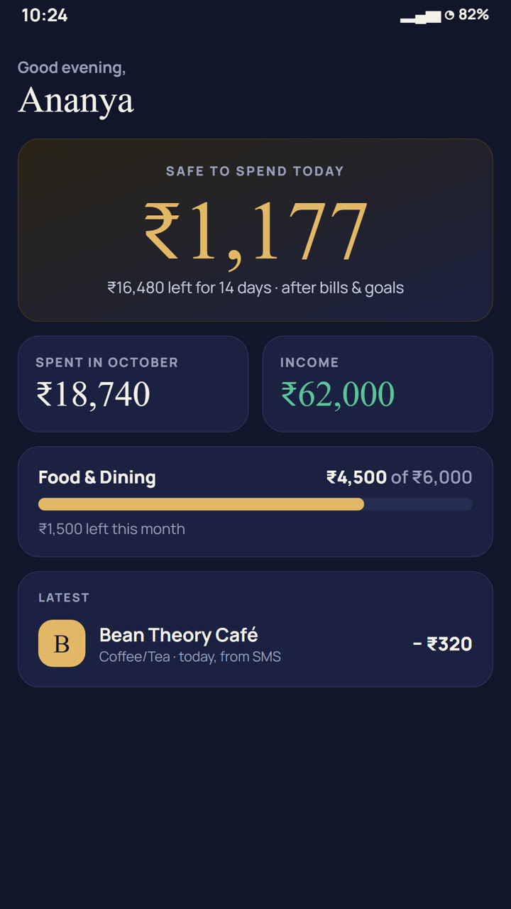 Calc-X home: ₹1,177 safe to spend today, spending and budget