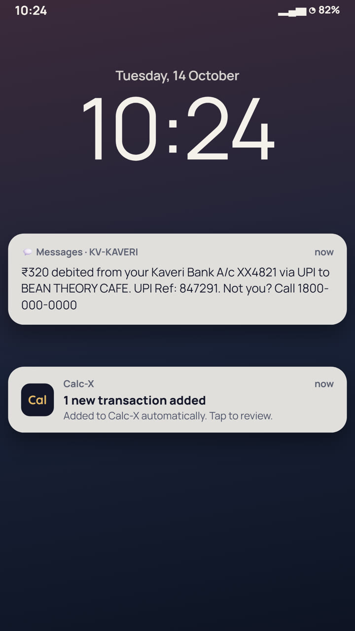 The bank SMS for the payment, then Calc-X's '1 new transaction added' alert